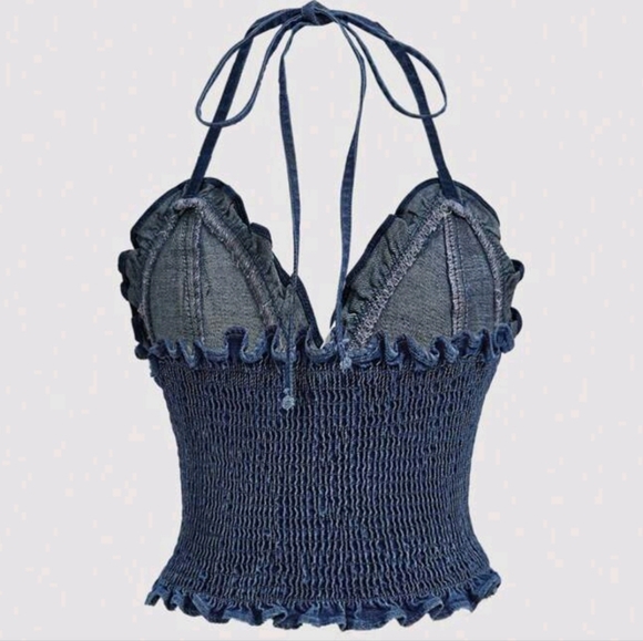Blue Denim Halter Top with Ruffle Trim - Picture 2 of 2
